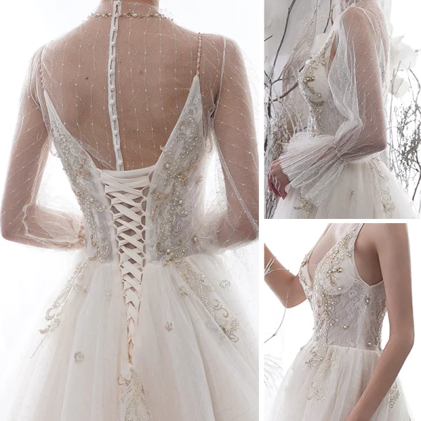 Sexy Champagne See-through Wedding Dresses 2020 A-Line / Princess High Neck Puffy Long Sleeve Appliques Lace Beading Pearl Chapel Train Ruffle