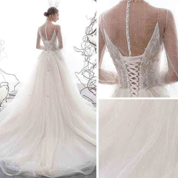 Sexy Champagne See-through Wedding Dresses 2020 A-Line / Princess High Neck Puffy Long Sleeve Appliques Lace Beading Pearl Chapel Train Ruffle