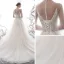 Sexy Champagne See-through Wedding Dresses 2020 A-Line / Princess High Neck Puffy Long Sleeve Appliques Lace Beading Pearl Chapel Train Ruffle