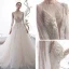 Sexy Champagne See-through Wedding Dresses 2020 A-Line / Princess High Neck Puffy Long Sleeve Appliques Lace Beading Pearl Chapel Train Ruffle