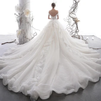 Luxury Gorgeous Champagne Wedding Dresses 2020 Ball Gown Off The Shoulder Short Sleeve Backless Appliques Flower Feather Beading Cathedral Train Ruffle