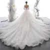 Luxury / Gorgeous Champagne Wedding Dresses 2020 Ball Gown Off-The-Shoulder Short Sleeve Backless Appliques Flower Feather Beading Cathedral Train Ruffle
