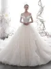 Luxury / Gorgeous Champagne Wedding Dresses 2020 Ball Gown Off-The-Shoulder Short Sleeve Backless Appliques Flower Feather Beading Cathedral Train Ruffle