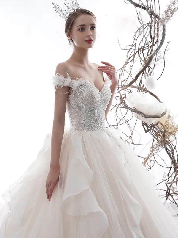 Luxury / Gorgeous Champagne Wedding Dresses 2020 Ball Gown Off-The-Shoulder Short Sleeve Backless Appliques Flower Feather Beading Cathedral Train Ruffle