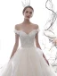Luxury / Gorgeous Champagne Wedding Dresses 2020 Ball Gown Off-The-Shoulder Short Sleeve Backless Appliques Flower Feather Beading Cathedral Train Ruffle