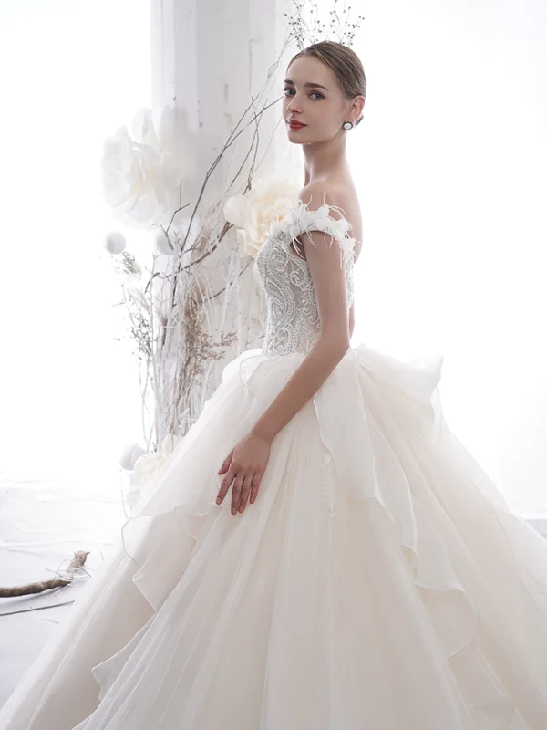 Luxury / Gorgeous Champagne Wedding Dresses 2020 Ball Gown Off-The-Shoulder Short Sleeve Backless Appliques Flower Feather Beading Cathedral Train Ruffle