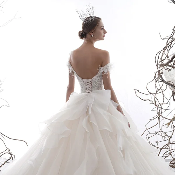 Luxury / Gorgeous Champagne Wedding Dresses 2020 Ball Gown Off-The-Shoulder Short Sleeve Backless Appliques Flower Feather Beading Cathedral Train Ruffle