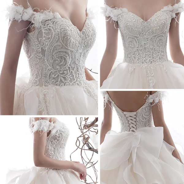 Luxury / Gorgeous Champagne Wedding Dresses 2020 Ball Gown Off-The-Shoulder Short Sleeve Backless Appliques Flower Feather Beading Cathedral Train Ruffle
