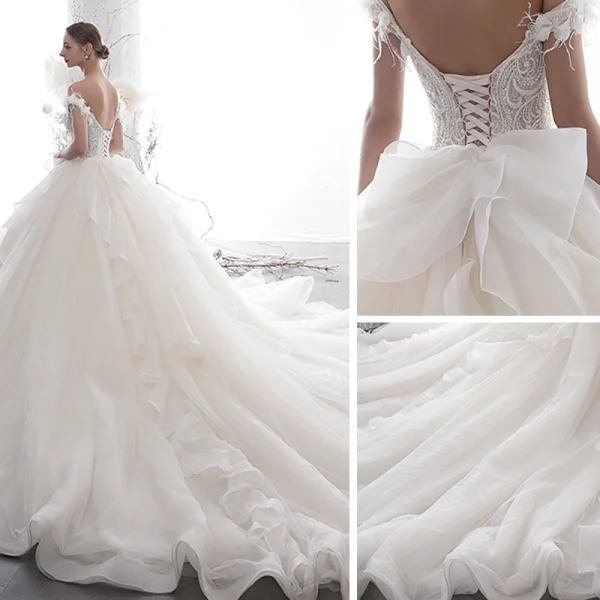 Luxury / Gorgeous Champagne Wedding Dresses 2020 Ball Gown Off-The-Shoulder Short Sleeve Backless Appliques Flower Feather Beading Cathedral Train Ruffle