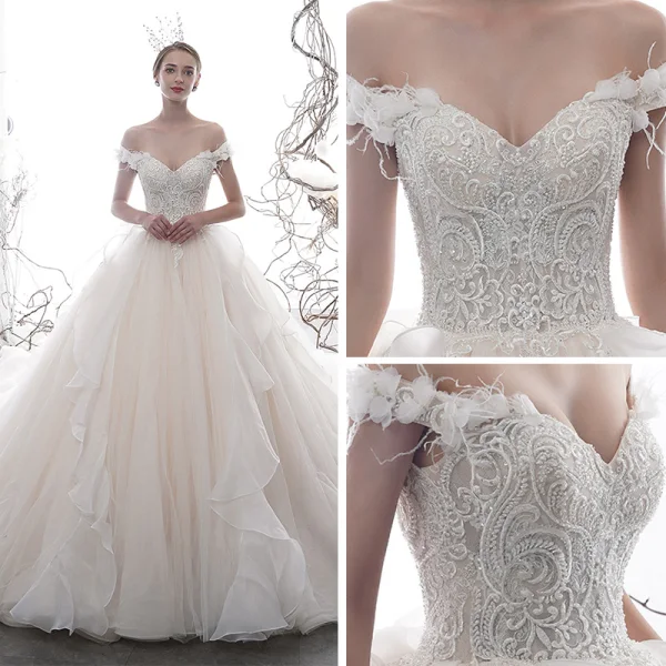 Luxury / Gorgeous Champagne Wedding Dresses 2020 Ball Gown Off-The-Shoulder Short Sleeve Backless Appliques Flower Feather Beading Cathedral Train Ruffle