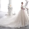 Luxury / Gorgeous Champagne Wedding Dresses 2020 Ball Gown Off-The-Shoulder Short Sleeve Backless Appliques Lace Beading Pearl Glitter Tulle Royal Train Ruffle