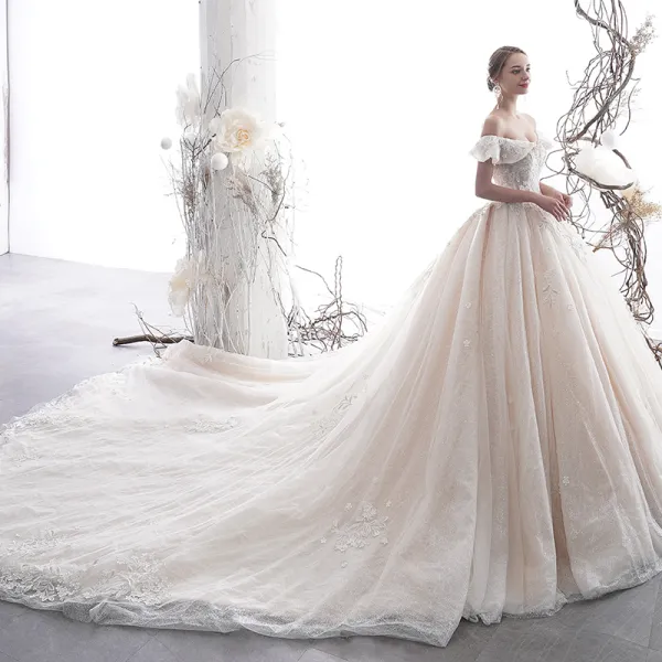 Luxury / Gorgeous Champagne Wedding Dresses 2020 Ball Gown Off-The-Shoulder Short Sleeve Backless Appliques Lace Beading Pearl Glitter Tulle Royal Train Ruffle