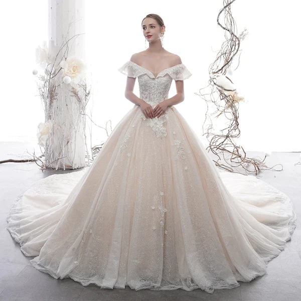 Luxury / Gorgeous Champagne Wedding Dresses 2020 Ball Gown Off-The-Shoulder Short Sleeve Backless Appliques Lace Beading Pearl Glitter Tulle Royal Train Ruffle