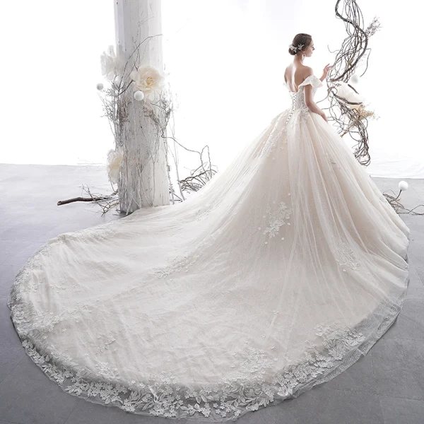 Luxury / Gorgeous Champagne Wedding Dresses 2020 Ball Gown Off-The-Shoulder Short Sleeve Backless Appliques Lace Beading Pearl Glitter Tulle Royal Train Ruffle