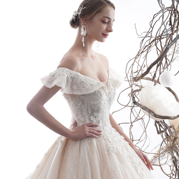 Luxury / Gorgeous Champagne Wedding Dresses 2020 Ball Gown Off-The-Shoulder Short Sleeve Backless Appliques Lace Beading Pearl Glitter Tulle Royal Train Ruffle