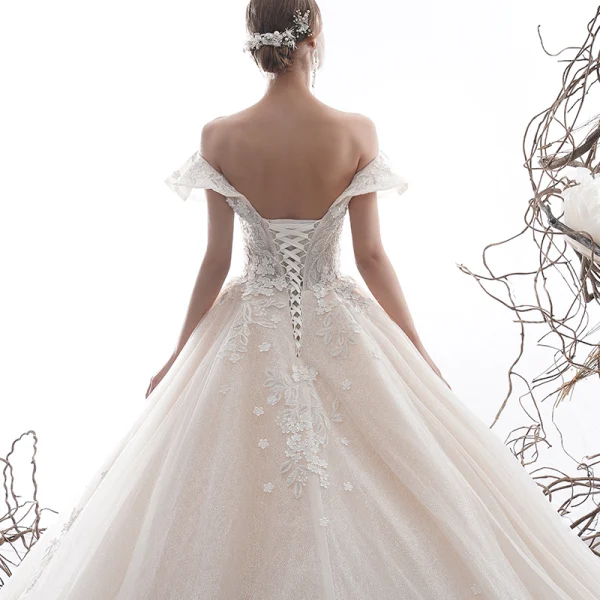 Luxury / Gorgeous Champagne Wedding Dresses 2020 Ball Gown Off-The-Shoulder Short Sleeve Backless Appliques Lace Beading Pearl Glitter Tulle Royal Train Ruffle