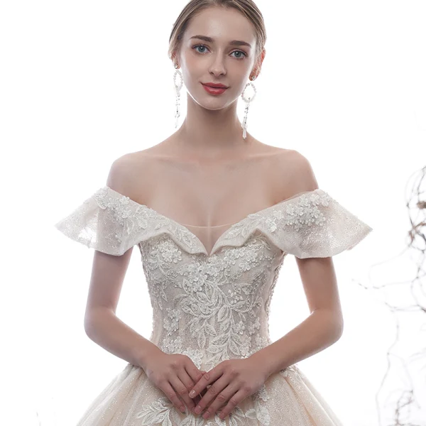 Luxury / Gorgeous Champagne Wedding Dresses 2020 Ball Gown Off-The-Shoulder Short Sleeve Backless Appliques Lace Beading Pearl Glitter Tulle Royal Train Ruffle
