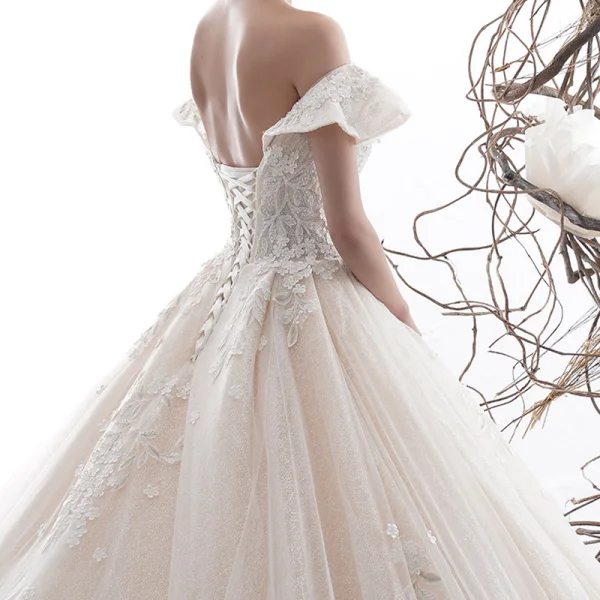 Luxury / Gorgeous Champagne Wedding Dresses 2020 Ball Gown Off-The-Shoulder Short Sleeve Backless Appliques Lace Beading Pearl Glitter Tulle Royal Train Ruffle