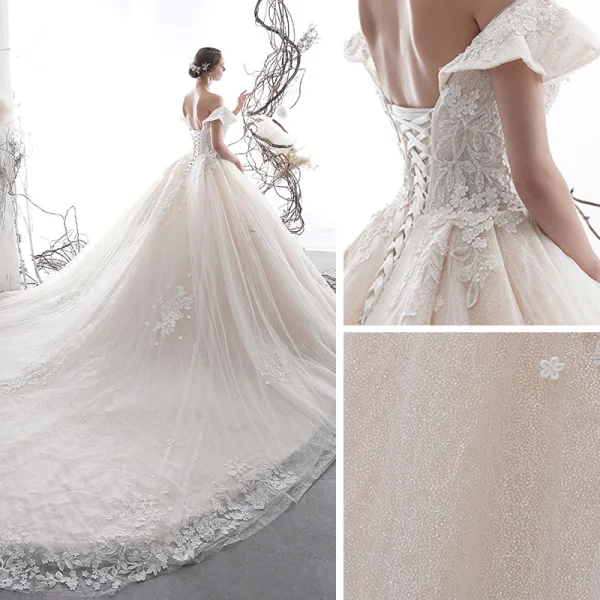 Luxury / Gorgeous Champagne Wedding Dresses 2020 Ball Gown Off-The-Shoulder Short Sleeve Backless Appliques Lace Beading Pearl Glitter Tulle Royal Train Ruffle
