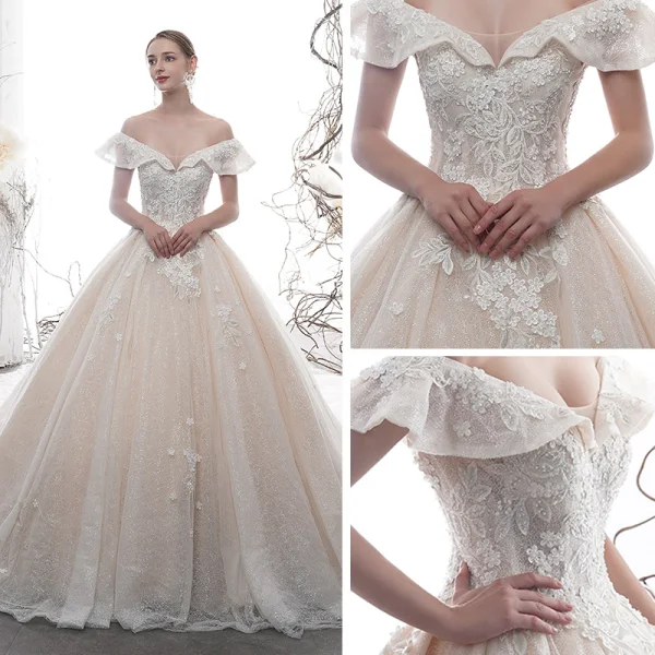 Luxury / Gorgeous Champagne Wedding Dresses 2020 Ball Gown Off-The-Shoulder Short Sleeve Backless Appliques Lace Beading Pearl Glitter Tulle Royal Train Ruffle