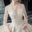 Illusion Champagne Transparentes Robe De Mariée 2020 Robe Boule Col v profond 3/4 Manches Dos Nu Glitter Tulle Appliques En Dentelle Perlage Cathedral Train Volants