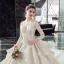 Illusion Champagne Transparentes Robe De Mariée 2020 Robe Boule Col v profond 3/4 Manches Dos Nu Glitter Tulle Appliques En Dentelle Perlage Cathedral Train Volants