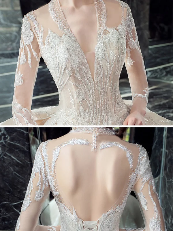 Illusion Champagne Transparentes Robe De Mariée 2020 Robe Boule Col v profond 3/4 Manches Dos Nu Glitter Tulle Appliques En Dentelle Perlage Cathedral Train Volants
