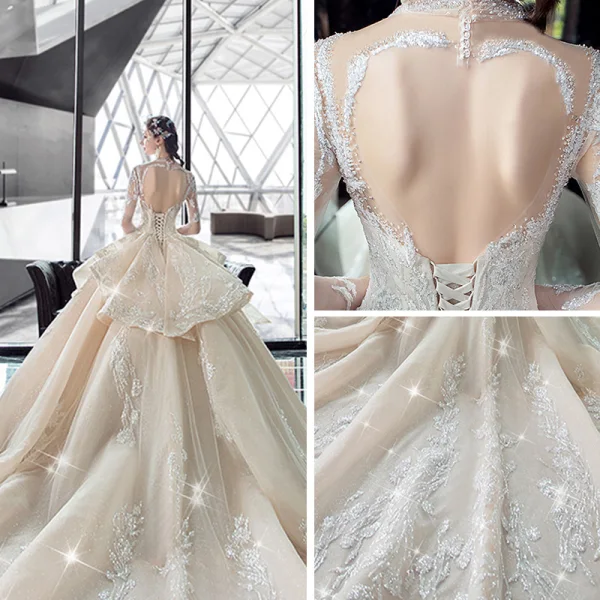 Illusion Champagne Transparentes Robe De Mariée 2020 Robe Boule Col v profond 3/4 Manches Dos Nu Glitter Tulle Appliques En Dentelle Perlage Cathedral Train Volants
