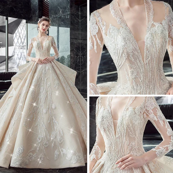 Illusion Champagne Transparentes Robe De Mariée 2020 Robe Boule Col v profond 3/4 Manches Dos Nu Glitter Tulle Appliques En Dentelle Perlage Cathedral Train Volants