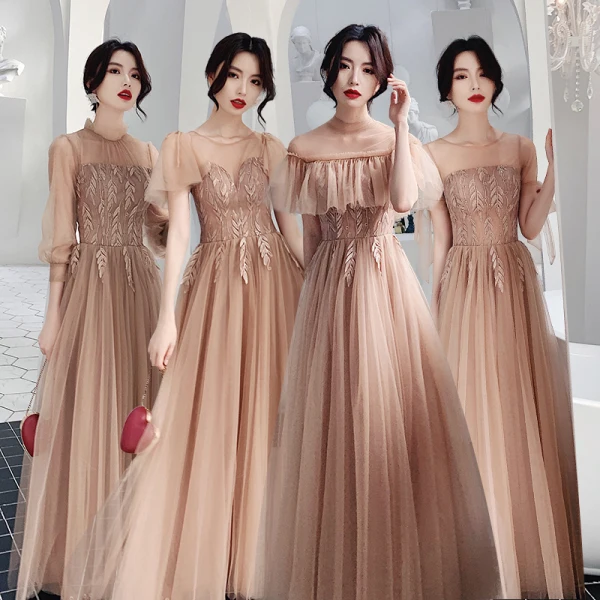 Affordable Champagne See-through Bridesmaid Dresses 2020 A-Line / Princess Appliques Lace Floor-Length / Long Backless Ruffle Wedding Party Dresses