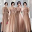 Affordable Champagne See-through Bridesmaid Dresses 2020 A-Line / Princess Appliques Lace Floor-Length / Long Backless Ruffle Wedding Party Dresses