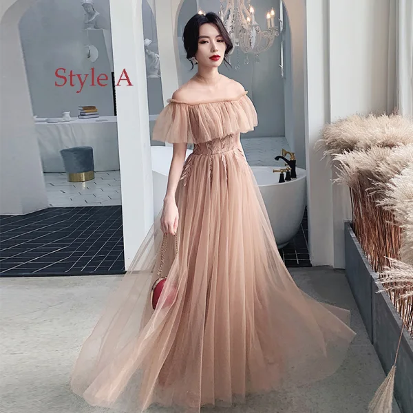 Affordable Champagne See-through Bridesmaid Dresses 2020 A-Line / Princess Appliques Lace Floor-Length / Long Backless Ruffle Wedding Party Dresses
