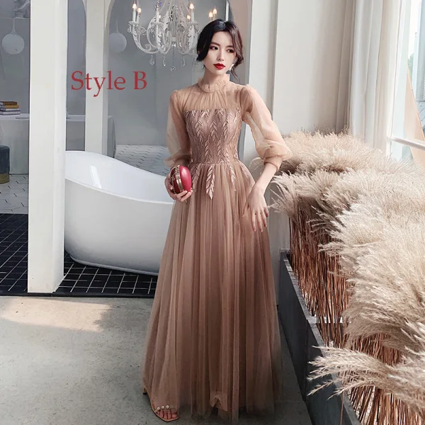 Affordable Champagne See-through Bridesmaid Dresses 2020 A-Line / Princess Appliques Lace Floor-Length / Long Backless Ruffle Wedding Party Dresses