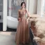 Affordable Champagne See-through Bridesmaid Dresses 2020 A-Line / Princess Appliques Lace Floor-Length / Long Backless Ruffle Wedding Party Dresses
