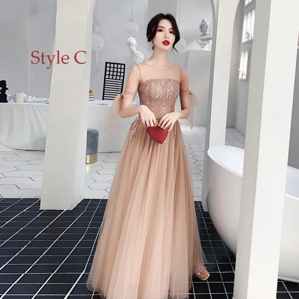 Affordable Champagne See-through Bridesmaid Dresses 2020 A-Line / Princess Appliques Lace Floor-Length / Long Backless Ruffle Wedding Party Dresses