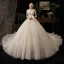 Chic / Beautiful Champagne Wedding Dresses 2020 Ball Gown V-Neck Sleeveless Backless Appliques Lace Beading Feather Cathedral Train Ruffle