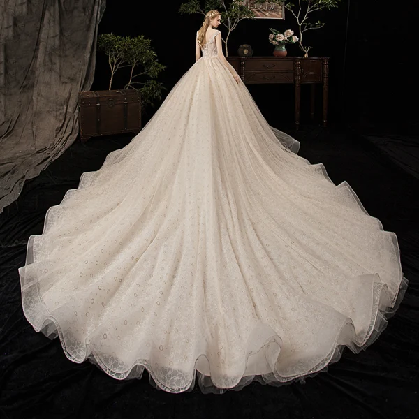 Chic / Beautiful Champagne Wedding Dresses 2020 Ball Gown V-Neck Sleeveless Backless Appliques Lace Beading Feather Cathedral Train Ruffle