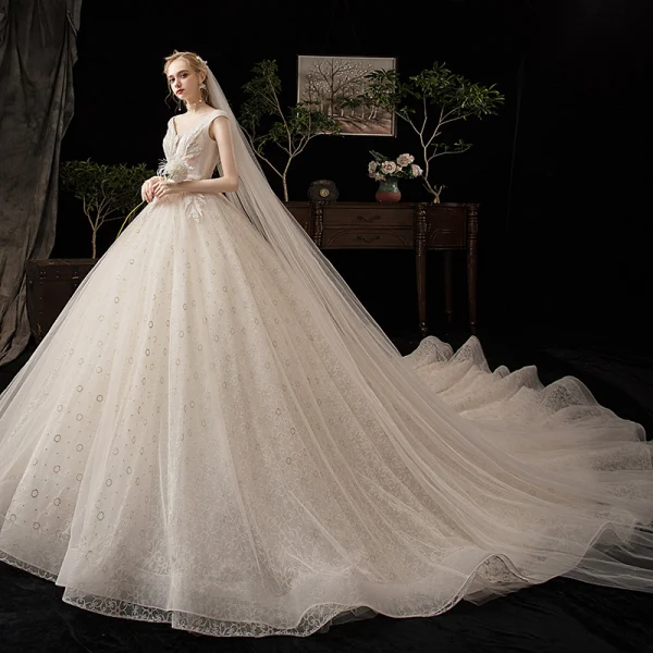 Chic / Beautiful Champagne Wedding Dresses 2020 Ball Gown V-Neck Sleeveless Backless Appliques Lace Beading Feather Cathedral Train Ruffle