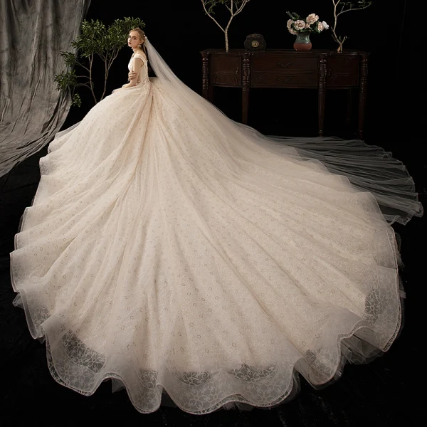 Chic / Beautiful Champagne Wedding Dresses 2020 Ball Gown V-Neck Sleeveless Backless Appliques Lace Beading Feather Cathedral Train Ruffle