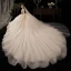 Chic / Beautiful Champagne Wedding Dresses 2020 Ball Gown V-Neck Sleeveless Backless Appliques Lace Beading Feather Cathedral Train Ruffle