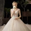 Chic / Beautiful Champagne Wedding Dresses 2020 Ball Gown V-Neck Sleeveless Backless Appliques Lace Beading Feather Cathedral Train Ruffle