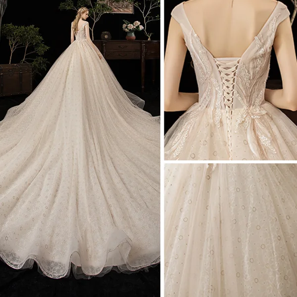 Chic / Beautiful Champagne Wedding Dresses 2020 Ball Gown V-Neck Sleeveless Backless Appliques Lace Beading Feather Cathedral Train Ruffle