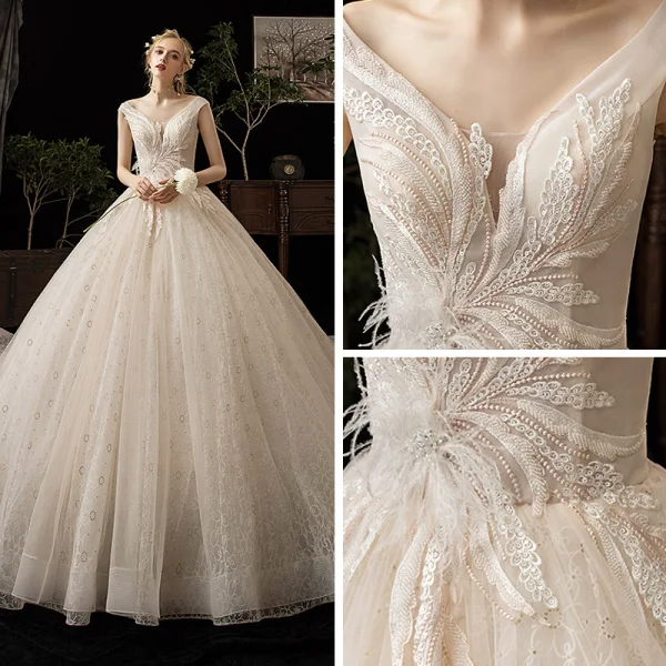 Chic / Beautiful Champagne Wedding Dresses 2020 Ball Gown V-Neck Sleeveless Backless Appliques Lace Beading Feather Cathedral Train Ruffle