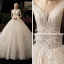 Chic / Beautiful Champagne Wedding Dresses 2020 Ball Gown V-Neck Sleeveless Backless Appliques Lace Beading Feather Cathedral Train Ruffle