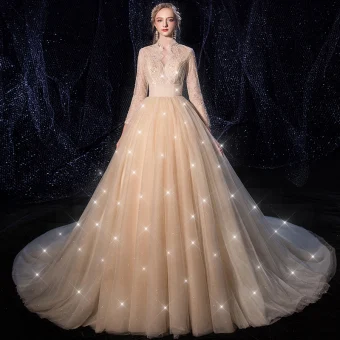Charming Champagne Wedding Dresses 2020 A Line Princess Deep V Neck 3 4 Sleeve Backless Glitter Tulle Beading Pearl Chapel Train Ruffle