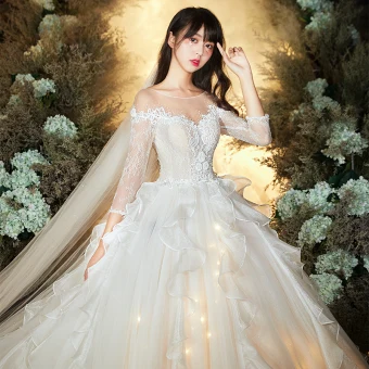 Chic Beautiful Champagne See Through Wedding Dresses 2020 Ball Gown Scoop Neck 3 4 Sleeve Backless Glitter Organza Appliques Lace Beading Cathedral Train Ruffle