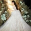 Chic / Belle Champagne Transparentes Robe De Mariée 2020 Robe Boule Encolure Dégagée 3/4 Manches Dos Nu Glitter Organza Appliques En Dentelle Perlage Cathedral Train Volants