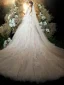 Chic / Belle Champagne Transparentes Robe De Mariée 2020 Robe Boule Encolure Dégagée 3/4 Manches Dos Nu Glitter Organza Appliques En Dentelle Perlage Cathedral Train Volants