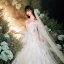 Chic / Belle Champagne Transparentes Robe De Mariée 2020 Robe Boule Encolure Dégagée 3/4 Manches Dos Nu Glitter Organza Appliques En Dentelle Perlage Cathedral Train Volants