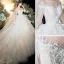 Chic / Belle Champagne Transparentes Robe De Mariée 2020 Robe Boule Encolure Dégagée 3/4 Manches Dos Nu Glitter Organza Appliques En Dentelle Perlage Cathedral Train Volants
